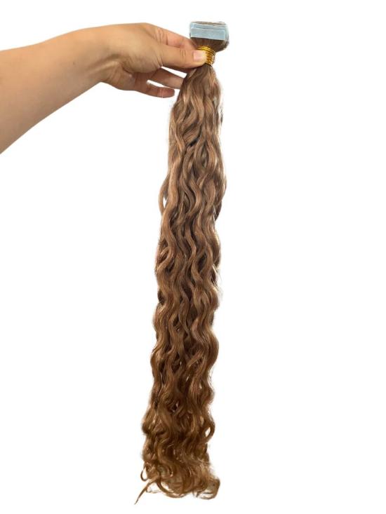 Natural Wavy Tape-in Hair Extensions - 12" / #8-Light Caramel Brown
